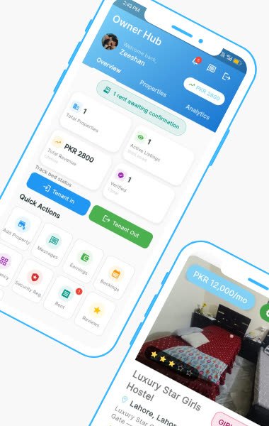 ASCANX app screens: a verified hostel listing with price and rating, the owner hub dashboard, and booking status